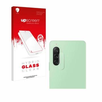 Parte frontal de un envase de producto con el logotipo de la marca upscreen. Al lado se muestra el dispositivo Sony Xperia 10 