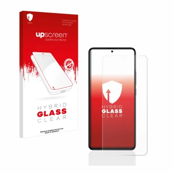 Parte frontal de un envase de producto con el logotipo de la marca upscreen. Al lado se muestra el dispositivo Xiaomi Poco F5 