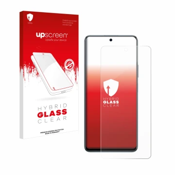 Parte frontal de un envase de producto con el logotipo de la marca upscreen. Al lado se muestra el dispositivo Huawei nova 11i