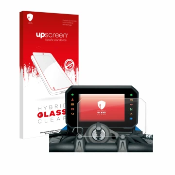 Parte frontal de un envase de producto con el logotipo de la marca upscreen. Al lado se muestra el dispositivo Suzuki GSX-8S 2