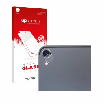 Parte frontal de un envase de producto con el logotipo de la marca upscreen. Al lado se muestra el dispositivo Apple iPad Pro 