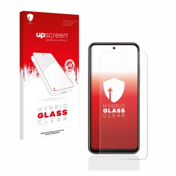 Parte frontal de un envase de producto con el logotipo de la marca upscreen. Al lado se muestra el dispositivo HTC U23 Pro con