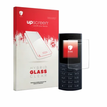 Parte frontal de un envase de producto con el logotipo de la marca upscreen. Al lado se muestra el dispositivo Nokia 110 4G (2