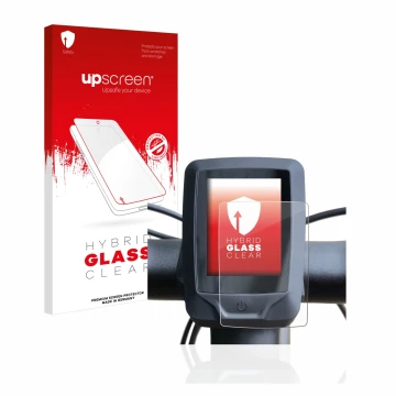 Parte frontal de un envase de producto con el logotipo de la marca upscreen. Al lado se muestra el dispositivo Specialized tur