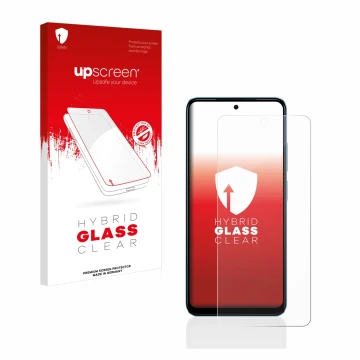 Parte frontal de un envase de producto con el logotipo de la marca upscreen. Al lado se muestra el dispositivo Xiaomi Redmi No