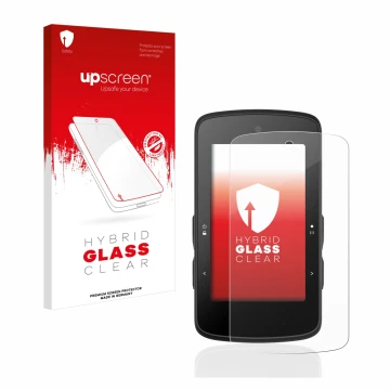 Parte frontal de un envase de producto con el logotipo de la marca upscreen. Al lado se muestra el dispositivo Bryton Rider 75