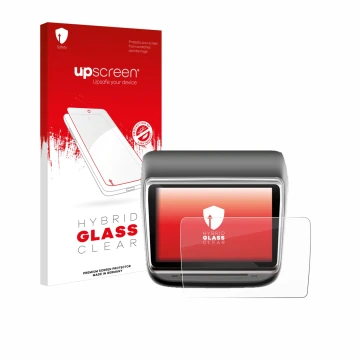 Parte frontal de un envase de producto con el logotipo de la marca upscreen. Al lado se muestra el dispositivo Tesla Model Y I