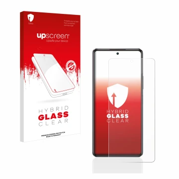 Parte frontal de un envase de producto con el logotipo de la marca upscreen. Al lado se muestra el dispositivo Infinix Note 30