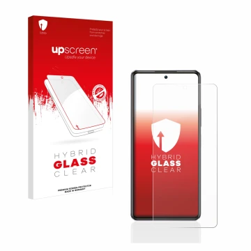 Parte frontal de un envase de producto con el logotipo de la marca upscreen. Al lado se muestra el dispositivo Infinix Note 30