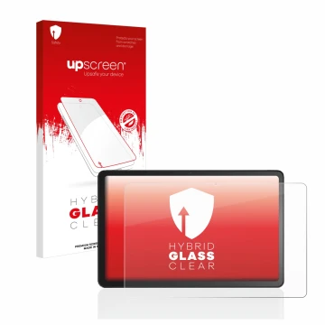 Parte frontal de un envase de producto con el logotipo de la marca upscreen. Al lado se muestra el dispositivo Amazon Fire Max