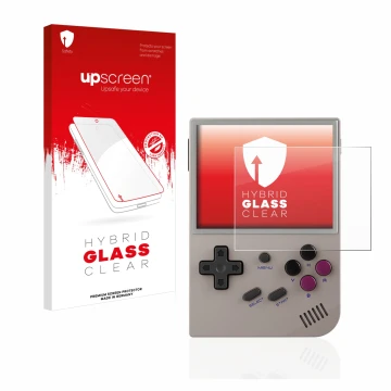 Parte frontal de un envase de producto con el logotipo de la marca upscreen. Al lado se muestra el dispositivo Anbernic RG35XX