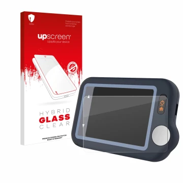 Parte frontal de un envase de producto con el logotipo de la marca upscreen. Al lado se muestra el dispositivo Wellue Pulsebit