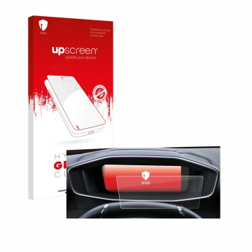Parte frontal de un envase de producto con el logotipo de la marca upscreen. Al lado se muestra el dispositivo Peugeot 2008 20