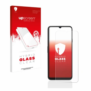 Parte frontal de un envase de producto con el logotipo de la marca upscreen. Al lado se muestra el dispositivo Cubot P80 con s