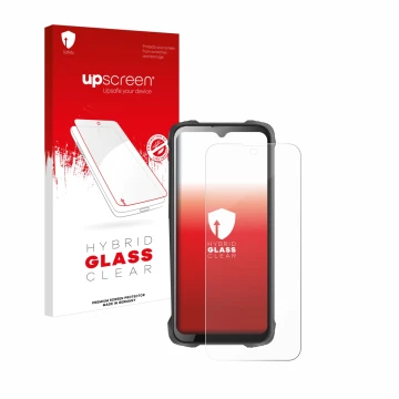 Parte frontal de un envase de producto con el logotipo de la marca upscreen. Al lado se muestra el dispositivo Cubot King Kong