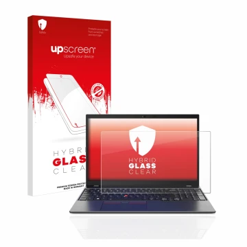 Parte frontal de un envase de producto con el logotipo de la marca upscreen. Al lado se muestra el dispositivo Lenovo ThinkPad