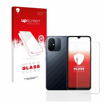Parte frontal de un envase de producto con el logotipo de la marca upscreen. Al lado se muestra el dispositivo Xiaomi Redmi 12