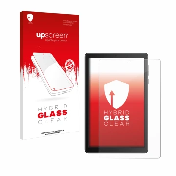 Parte frontal de un envase de producto con el logotipo de la marca upscreen. Al lado se muestra el dispositivo TCL Tab 8V con 