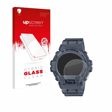 Parte frontal de un envase de producto con el logotipo de la marca upscreen. Al lado se muestra el dispositivo Casio G-Shock D