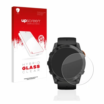 Parte frontal de un envase de producto con el logotipo de la marca upscreen. Al lado se muestra el dispositivo Garmin Fenix 7X