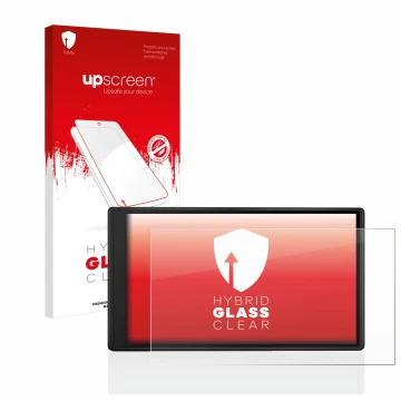 Parte frontal de un envase de producto con el logotipo de la marca upscreen. Al lado se muestra el dispositivo Garmin Drive 55