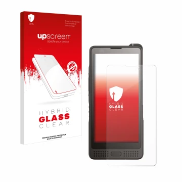 Parte frontal de un envase de producto con el logotipo de la marca upscreen. Al lado se muestra el dispositivo Sonim XP10 con 