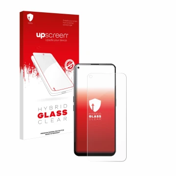 Parte frontal de un envase de producto con el logotipo de la marca upscreen. Al lado se muestra el dispositivo Unihertz Luna c