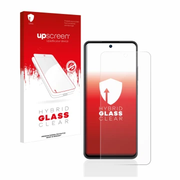 Parte frontal de un envase de producto con el logotipo de la marca upscreen. Al lado se muestra el dispositivo realme C55 con 