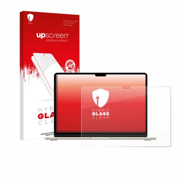 Parte frontal de un envase de producto con el logotipo de la marca upscreen. Al lado se muestra el dispositivo Apple MacBook A