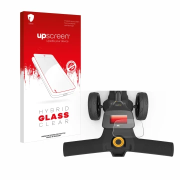 Parte frontal de un envase de producto con el logotipo de la marca upscreen. Al lado se muestra el dispositivo PowaKaddy FX3 c