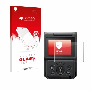 Parte frontal de un envase de producto con el logotipo de la marca upscreen. Al lado se muestra el dispositivo Canon PowerShot