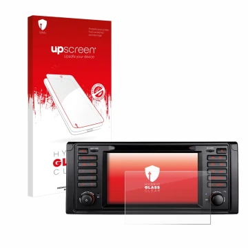 Parte frontal de un envase de producto con el logotipo de la marca upscreen. Al lado se muestra el dispositivo Xtrons IQ7039B 
