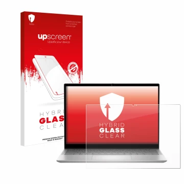 Parte frontal de un envase de producto con el logotipo de la marca upscreen. Al lado se muestra el dispositivo Dell Inspiron 1