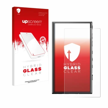 Parte frontal de un envase de producto con el logotipo de la marca upscreen. Al lado se muestra el dispositivo Sony Walkman NW