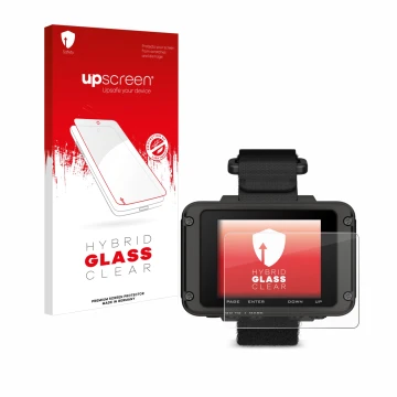 Parte frontal de un envase de producto con el logotipo de la marca upscreen. Al lado se muestra el dispositivo Garmin Foretrex