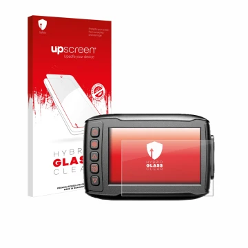 Parte frontal de un envase de producto con el logotipo de la marca upscreen. Al lado se muestra el dispositivo Blueskysea DV99