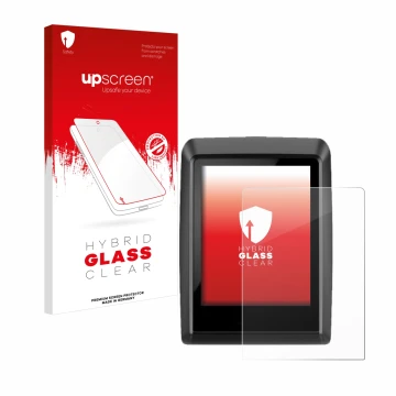 Parte frontal de un envase de producto con el logotipo de la marca upscreen. Al lado se muestra el dispositivo Bosch Kiox 500 