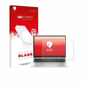 Parte frontal de un envase de producto con el logotipo de la marca upscreen. Al lado se muestra el dispositivo HP EliteBook 86