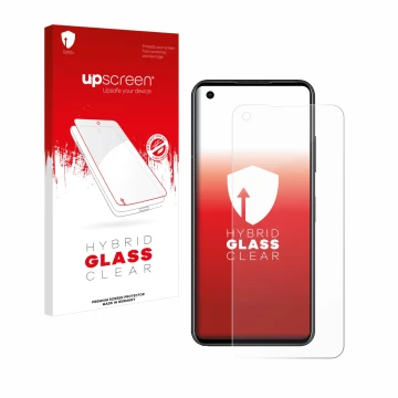 Parte frontal de un envase de producto con el logotipo de la marca upscreen. Al lado se muestra el dispositivo ASUS ZenFone 10
