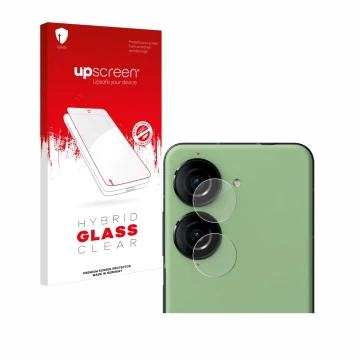 Parte frontal de un envase de producto con el logotipo de la marca upscreen. Al lado se muestra el dispositivo ASUS ZenFone 10