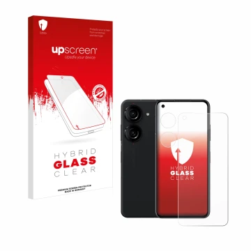 Parte frontal de un envase de producto con el logotipo de la marca upscreen. Al lado se muestra el dispositivo ASUS ZenFone 10