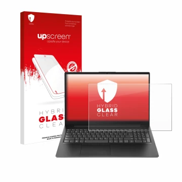 Parte frontal de un envase de producto con el logotipo de la marca upscreen. Al lado se muestra el dispositivo Lenovo V15 Gen 