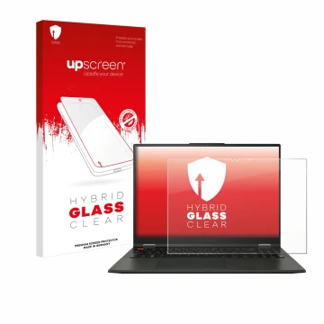 Parte frontal de un envase de producto con el logotipo de la marca upscreen. Al lado se muestra el dispositivo ASUS Vivobook S