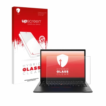 Parte frontal de un envase de producto con el logotipo de la marca upscreen. Al lado se muestra el dispositivo Lenovo ThinkPad
