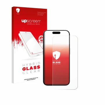 Parte frontal de un envase de producto con el logotipo de la marca upscreen. Al lado se muestra el dispositivo Apple iPhone 15