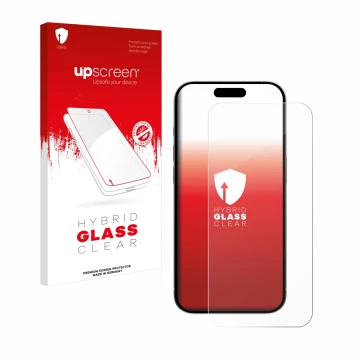 Parte frontal de un envase de producto con el logotipo de la marca upscreen. Al lado se muestra el dispositivo Apple iPhone 15