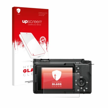 Parte frontal de un envase de producto con el logotipo de la marca upscreen. Al lado se muestra el dispositivo Sony Alpha ZV-E