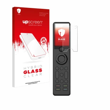 Parte frontal de un envase de producto con el logotipo de la marca upscreen. Al lado se muestra el dispositivo Sofabaton X1 co