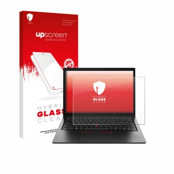 Parte frontal de un envase de producto con el logotipo de la marca upscreen. Al lado se muestra el dispositivo Lenovo ThinkPad