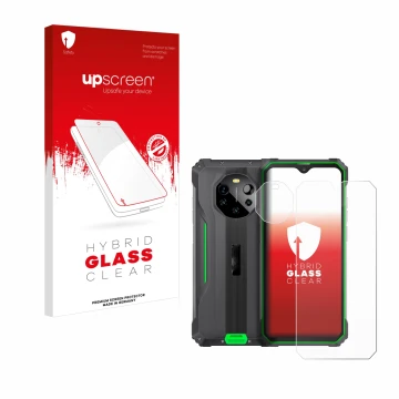 Parte frontal de un envase de producto con el logotipo de la marca upscreen. Al lado se muestra el dispositivo Blackview BL880